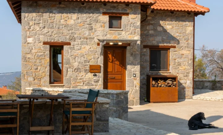 Βίλα Αρεθούσα – αυλή με δέντρο και πέτρινη πρόσοψη