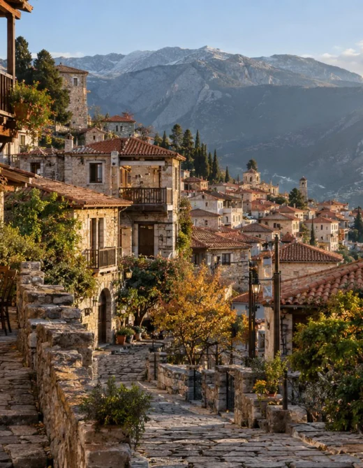Πέτρινο σοκάκι της Αράχωβας με θέα στον Παρνασσό