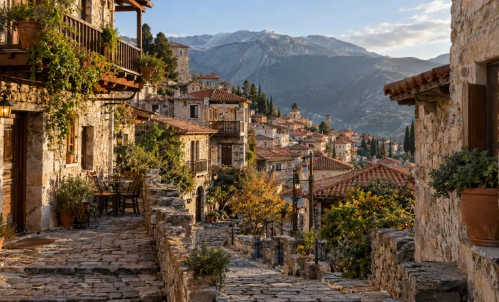 Πέτρινο σοκάκι της Αράχωβας με θέα στον Παρνασσό